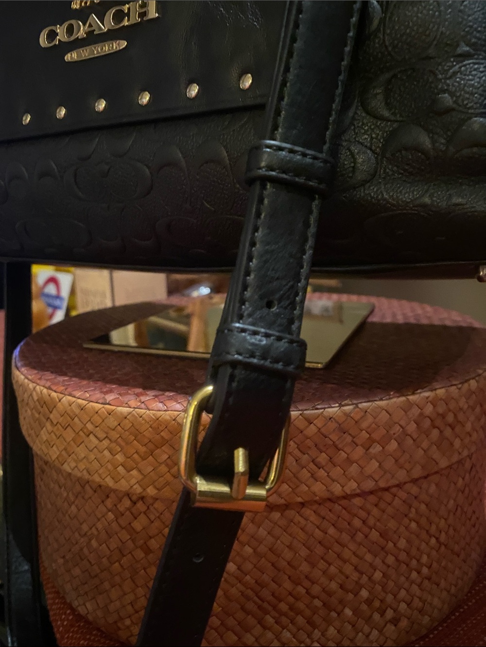 Coach Emma Black Satchel Crossbody Signature C and Cowhide Leather w/Gold studs - Picture 3 of 16